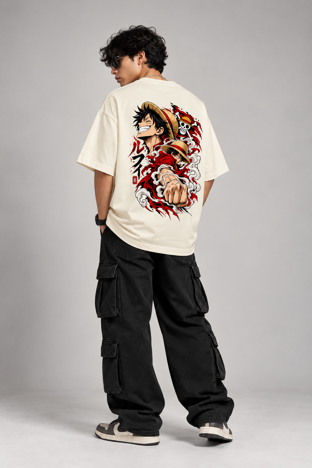 model wearing monkey d luffy oversized tshirt off white