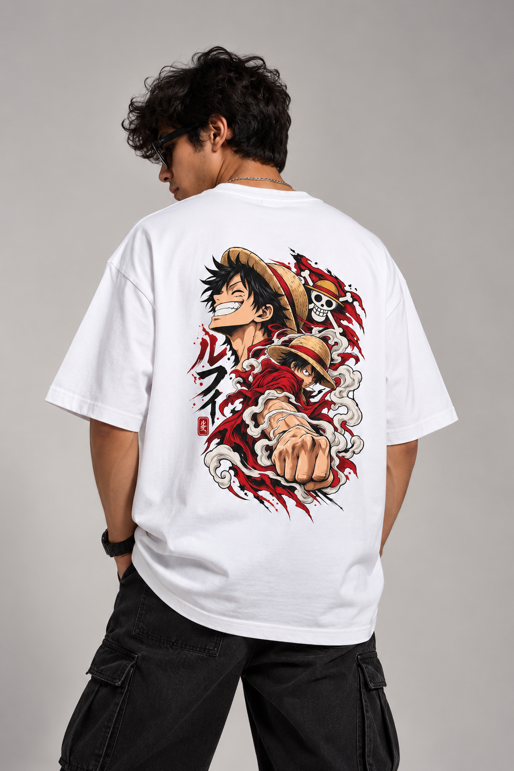 model wearing monkey d luffy oversized tshirt white