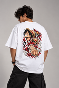 model wearing monkey d luffy oversized tshirt white