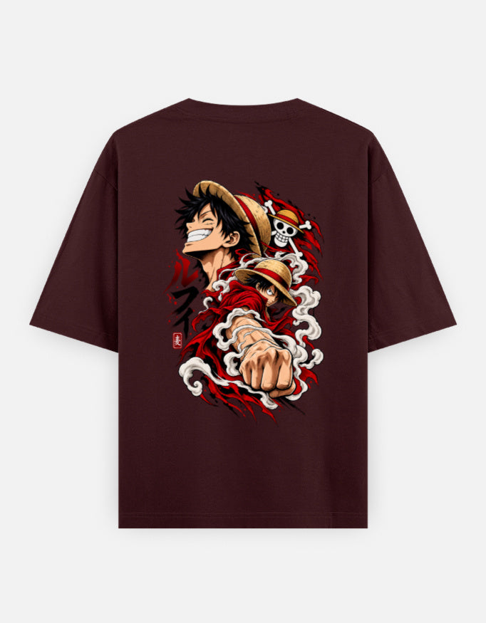 monkey d luffy back side oversized tshirt maroon
